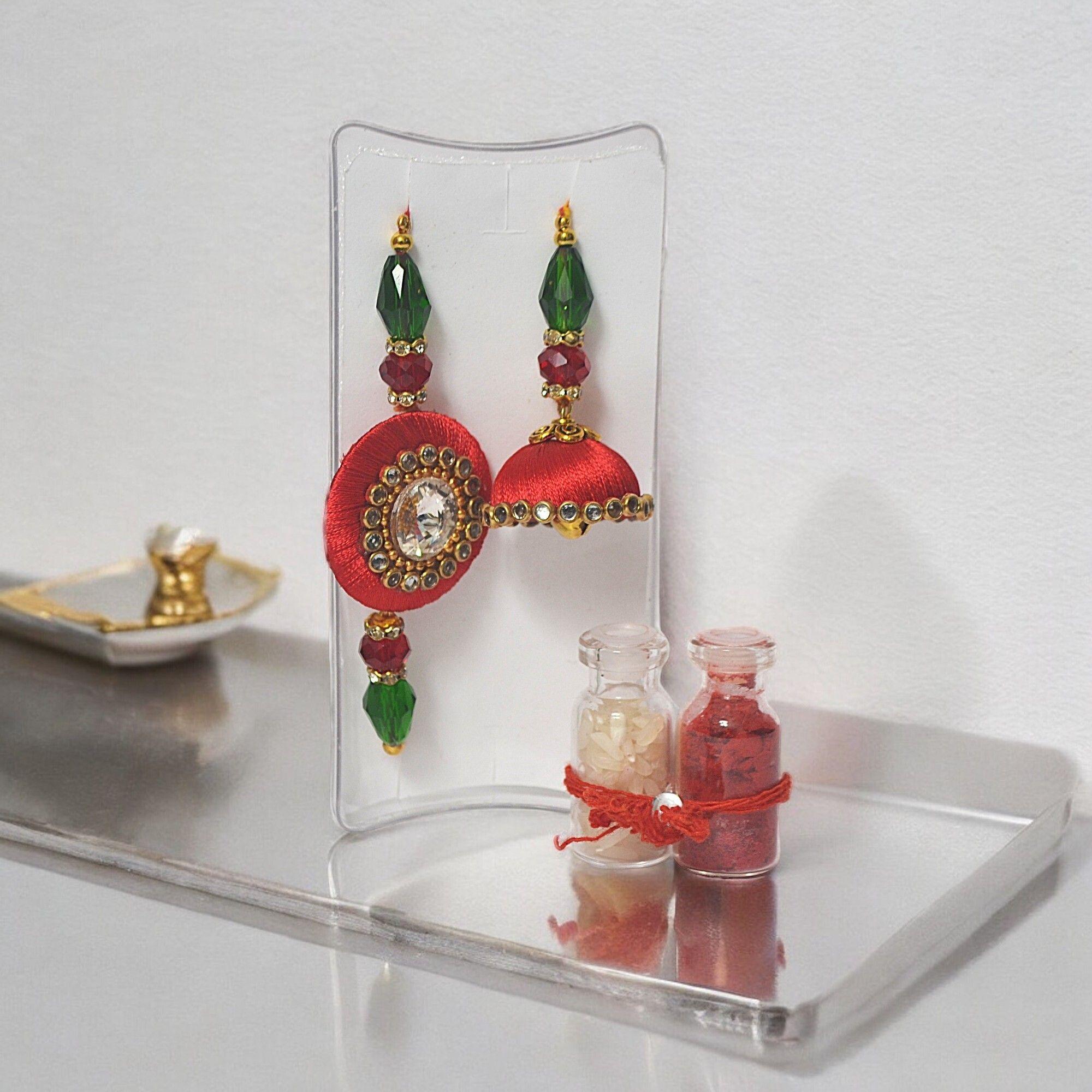 Premium Handcrafted Bhaiya Bhabhi Rakhi Combo with Kalava Thread Jhumki Design, Crystal Beads, Roli