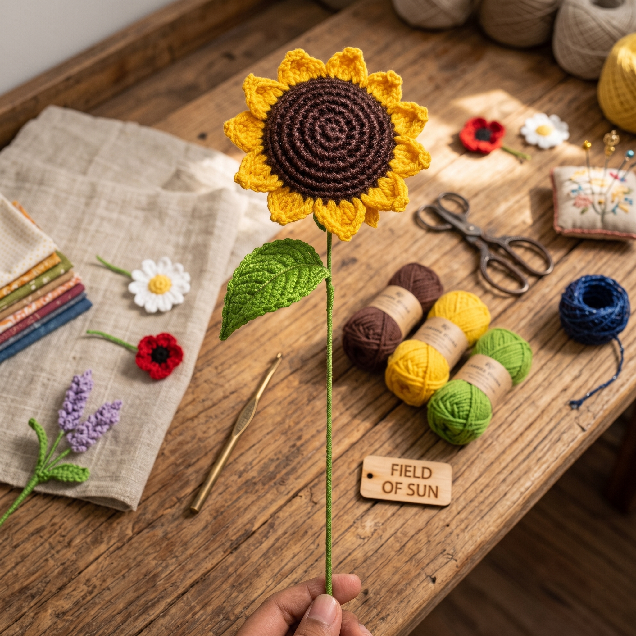 Handcrafted Crochet Sunflower Stem – Everlasting Artificial Bloom thumbnail 3