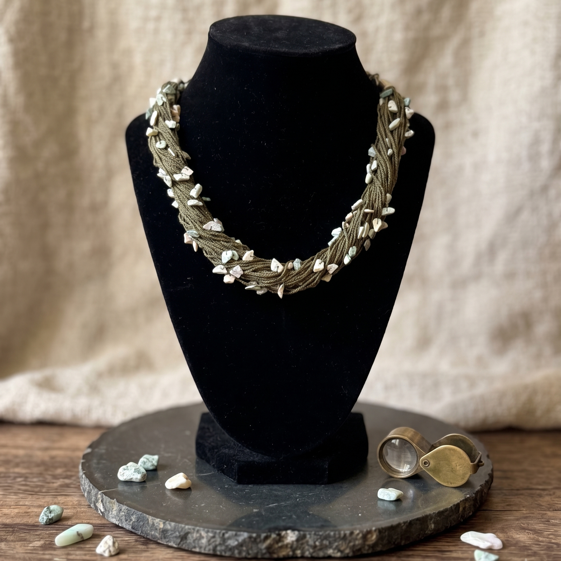 Handcrafted Olive Green Crochet Thread Necklace with Semi-Precious Stone Chips thumbnail 3