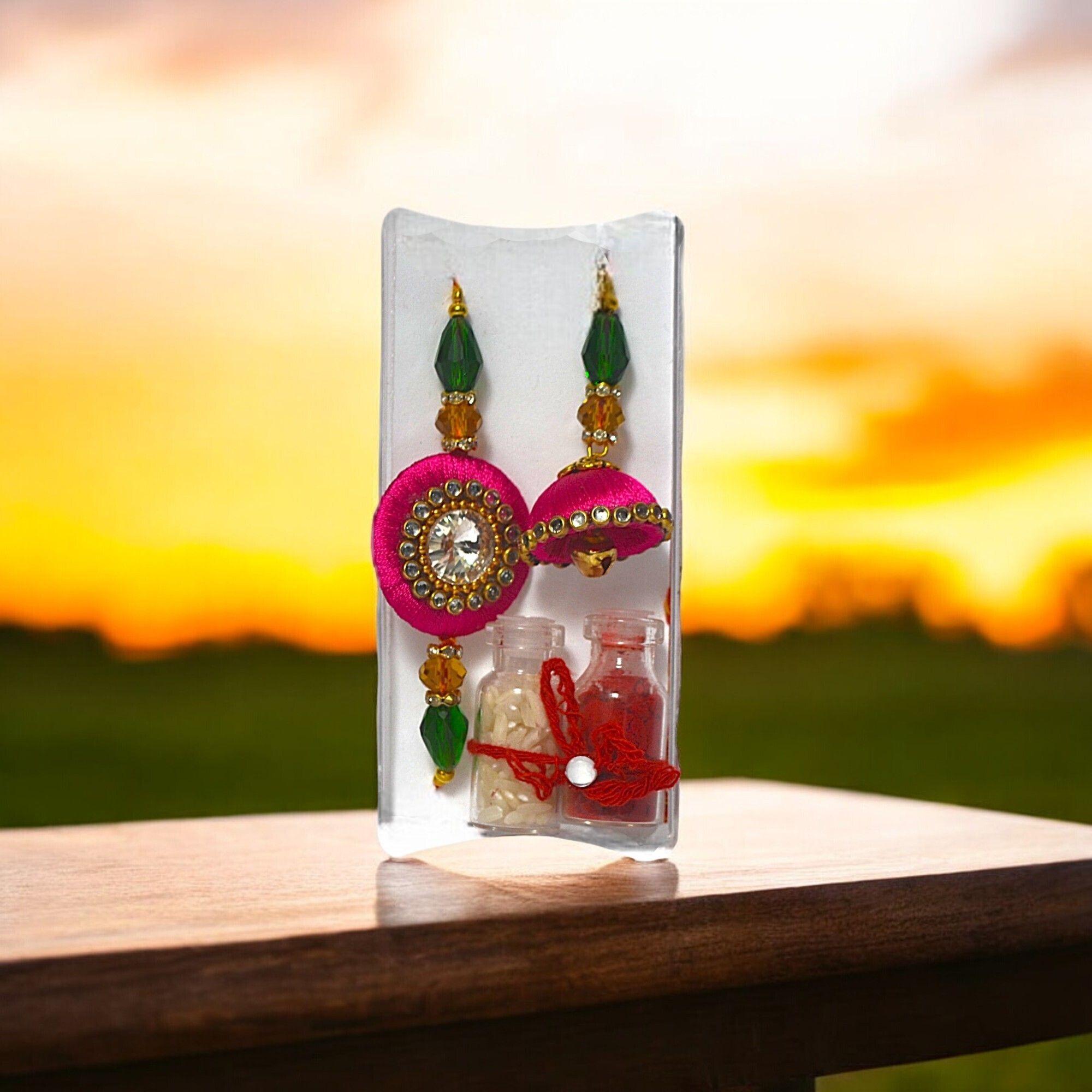 Premium Handcrafted Bhaiya Bhabhi Rakhi Combo with Kalava Thread Jhumki Design, Crystal Beads, Roli 