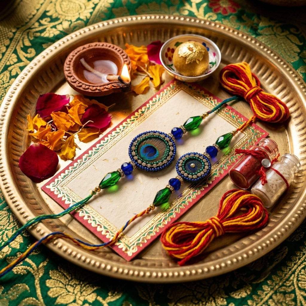 Handcrafted Peacock Feather Designer Rakhi Set of 2 with Kalava Thread, Roli & Akshat Vials