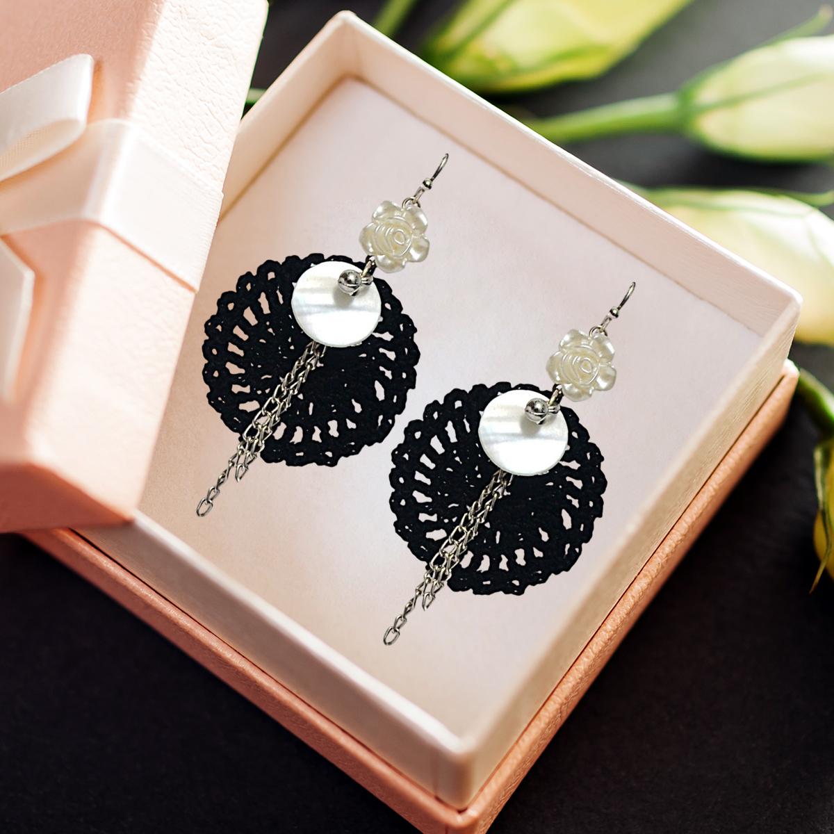Handcrafted Black Crochet Dangler Earrings with Mother of Pearl & Floral Accent thumbnail 3