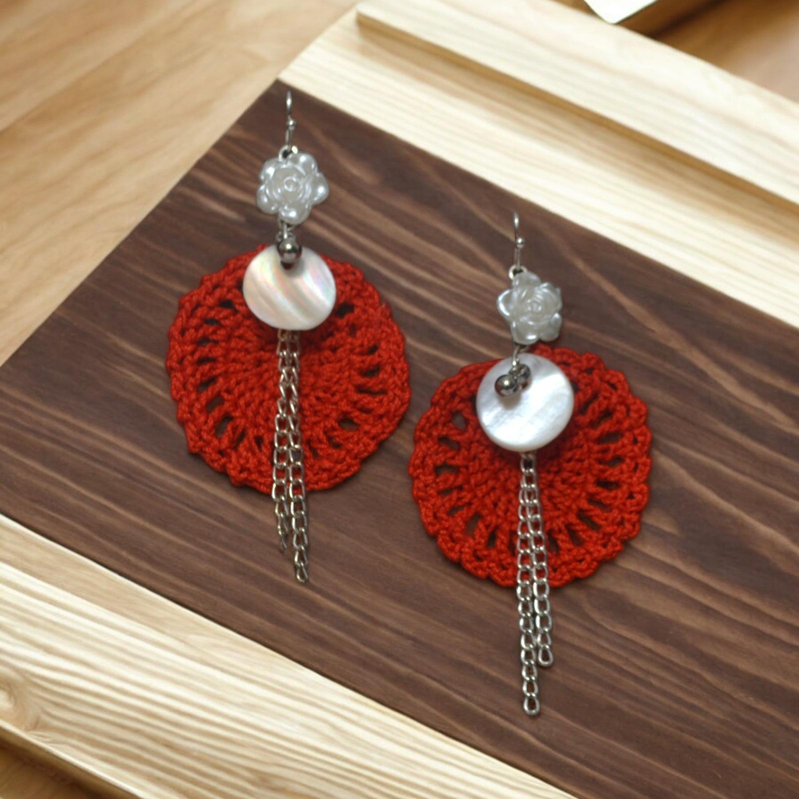 Handcrafted Black Crochet Dangler Earrings with Mother of Pearl & Floral Accent thumbnail 3