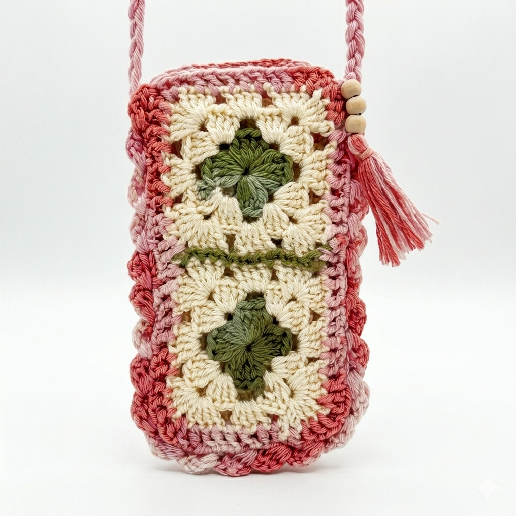 Handmade Crochet Floral Granny Stylish Utility Square Mobile Pouch with Sling thumbnail 3