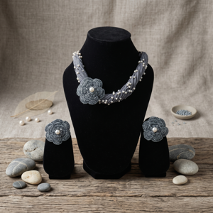 Handcrafted Grey Floral Crochet Necklace and Earring Set with Faux Pearls