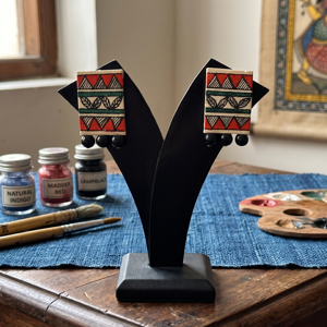Hand-painted Madhubani Folk Art Paper Earrings - Traditional Katchni Pattern